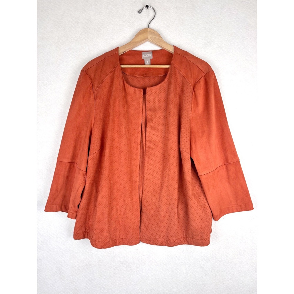 CHICO'S Faux Suede Open Front Jacket Size 3 XL Burnt Orange Blazer Office